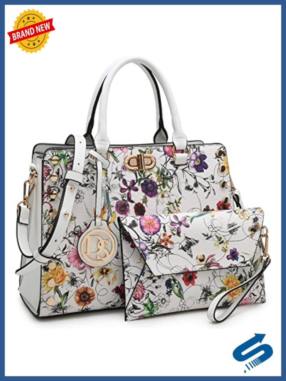 Women's Vegan Leather Satchel Handbag Tote Work Bag with Matching Clutch Set